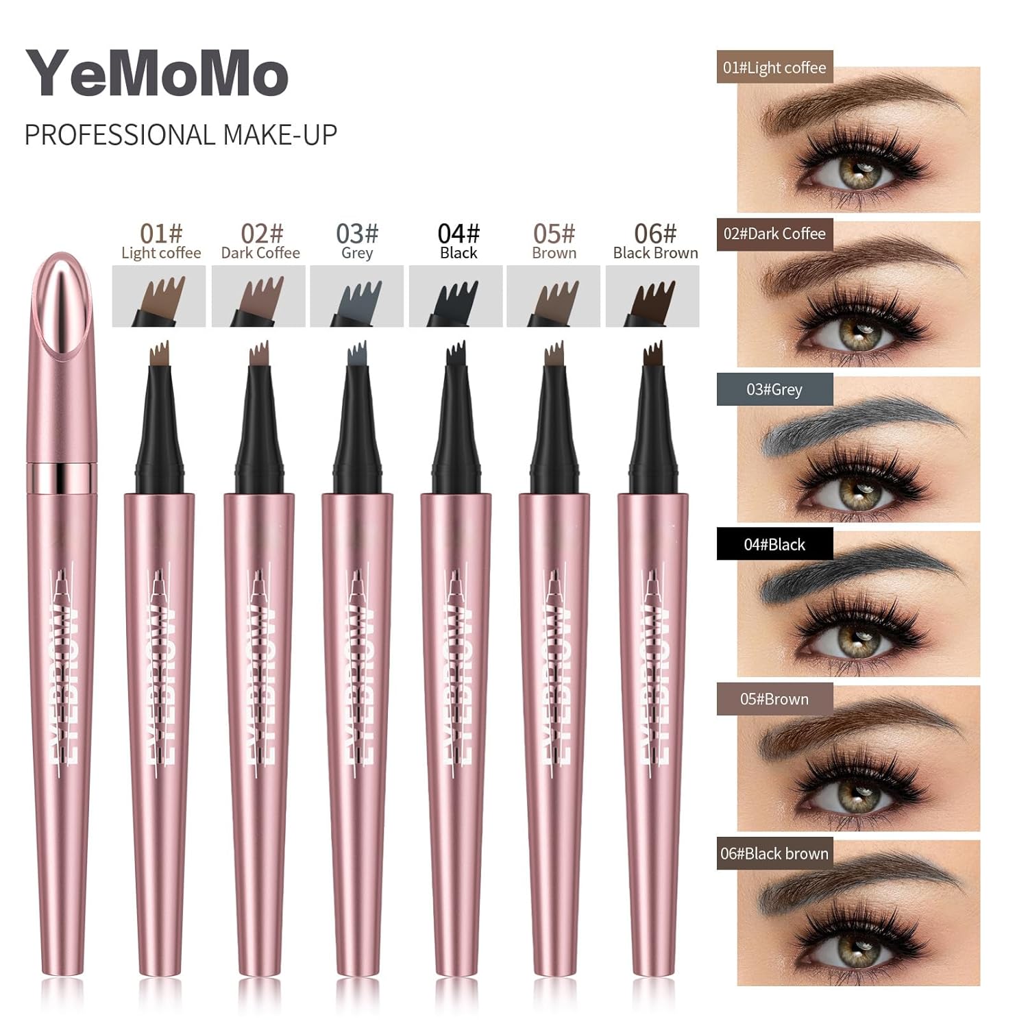 4-Tip Eyebrow Pen, Professional Makeup, 24Hr Wear, Waterproof, 6 Colors Available, Hair-Like Strokes, Rose Gold (2#Dark Coffee)