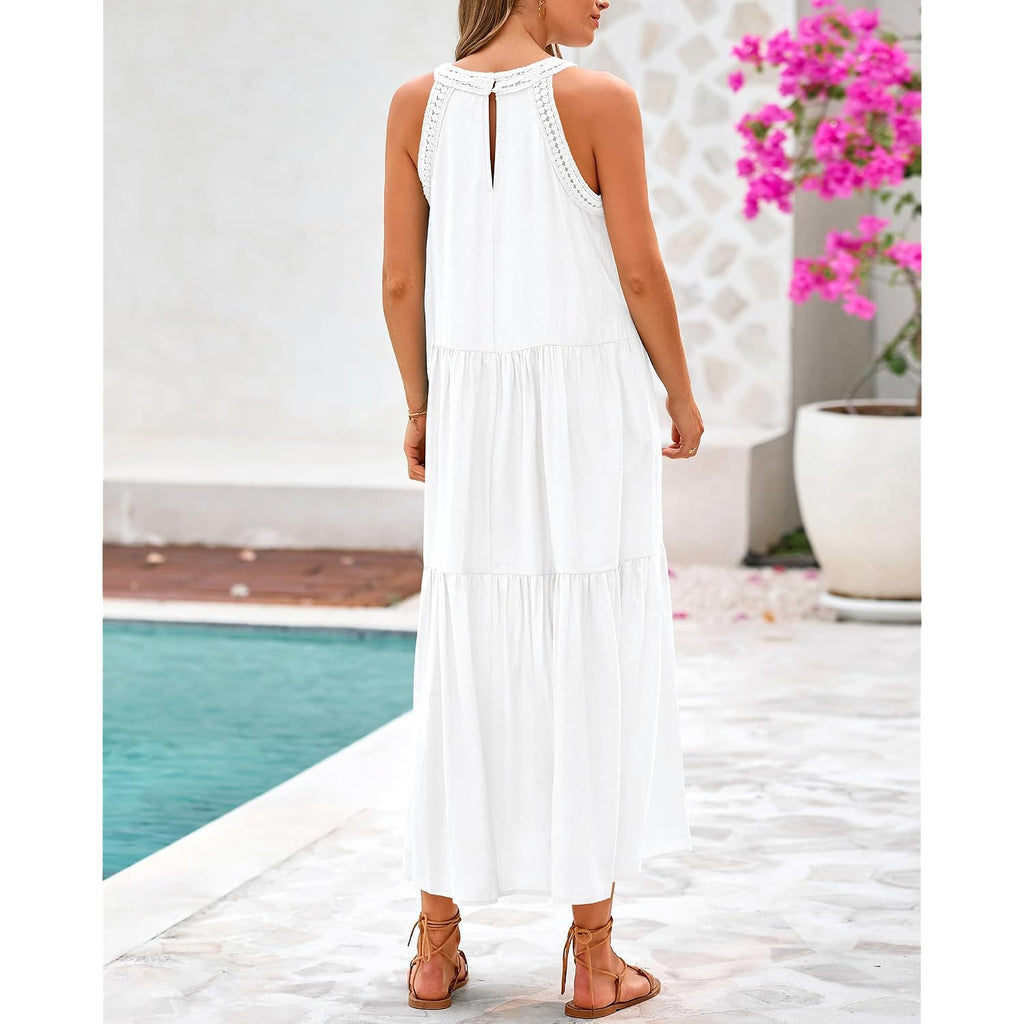 Btfbm Halter Summer Dresses For Women 2026 Casual Spring Hollow Out Sleeveless Boho Sundresses Beach Vacation Maxi Dress