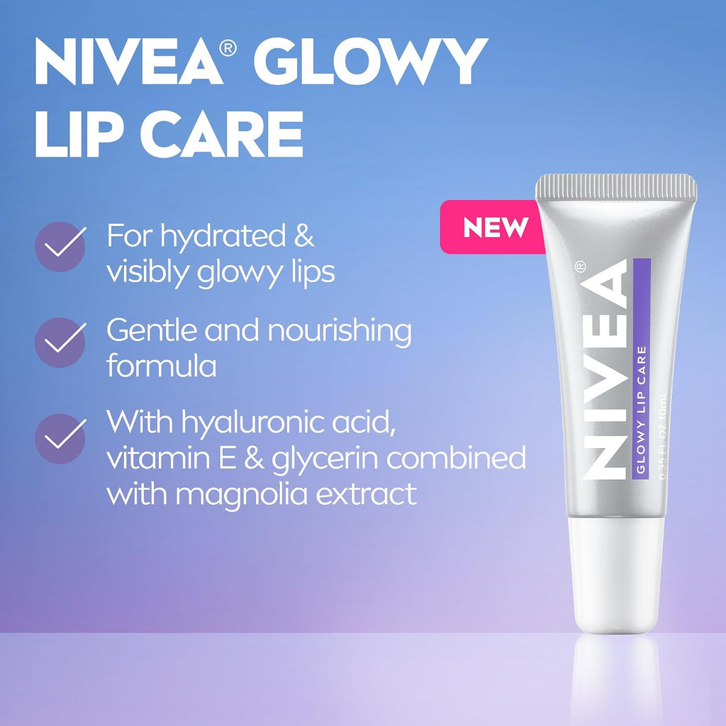 Nivea Glowy Lips, Vegan Lip Balm With Hyaluronic Acid, Vitamin E, And Magnolia Extract, Moisturizing Lip Balm Instantly Boosts Natural Lip Glow, 0.35 Fl Oz Tube