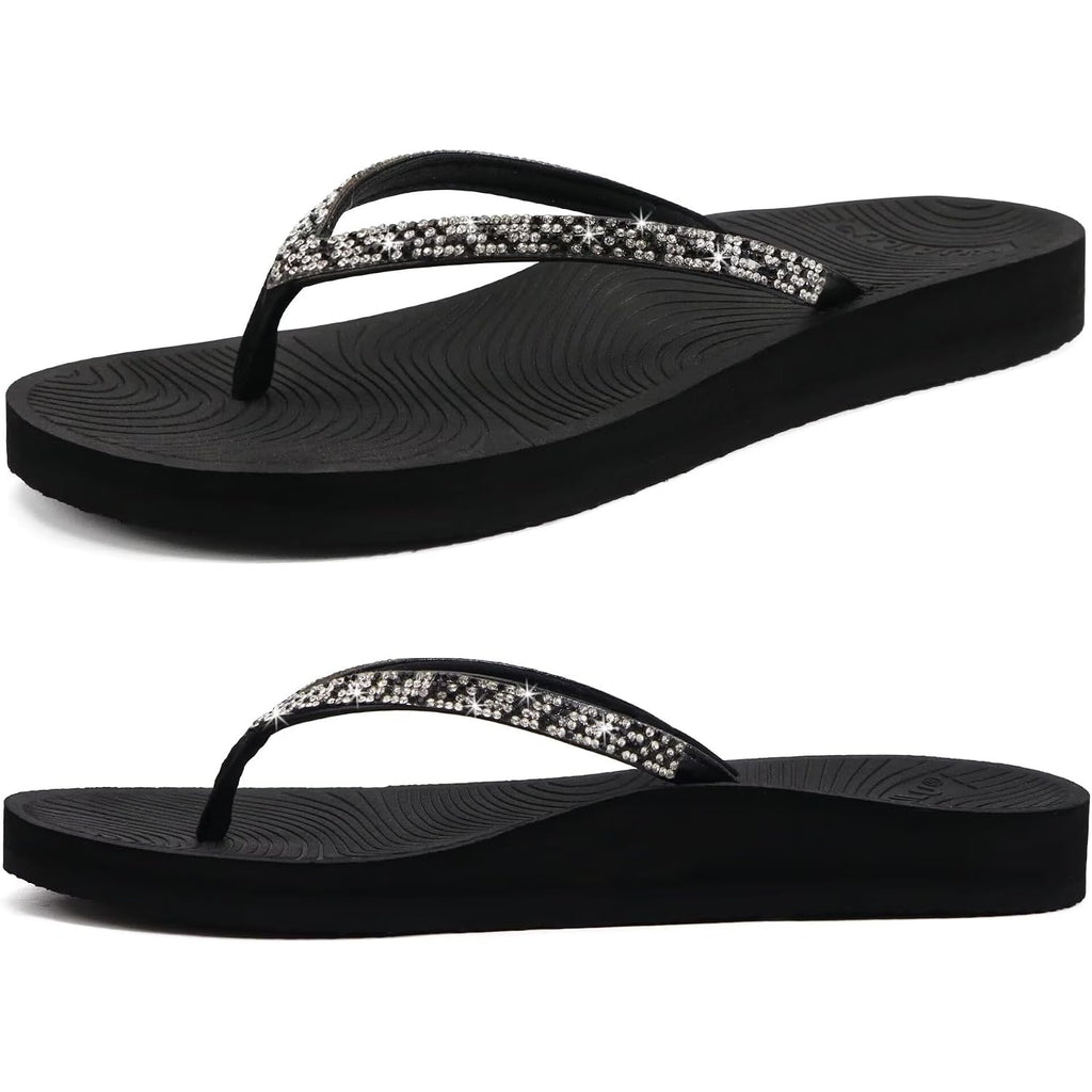 Kuailu Women'S Rhinestone Flip Flops With Comfort Arch Support Yoga Mat Cushion Sandals Fashion Summer Beach Travel Orthotic Walking Thong Sandles Slip On Plantar Fasciitis Indoor Outdoor Shoes