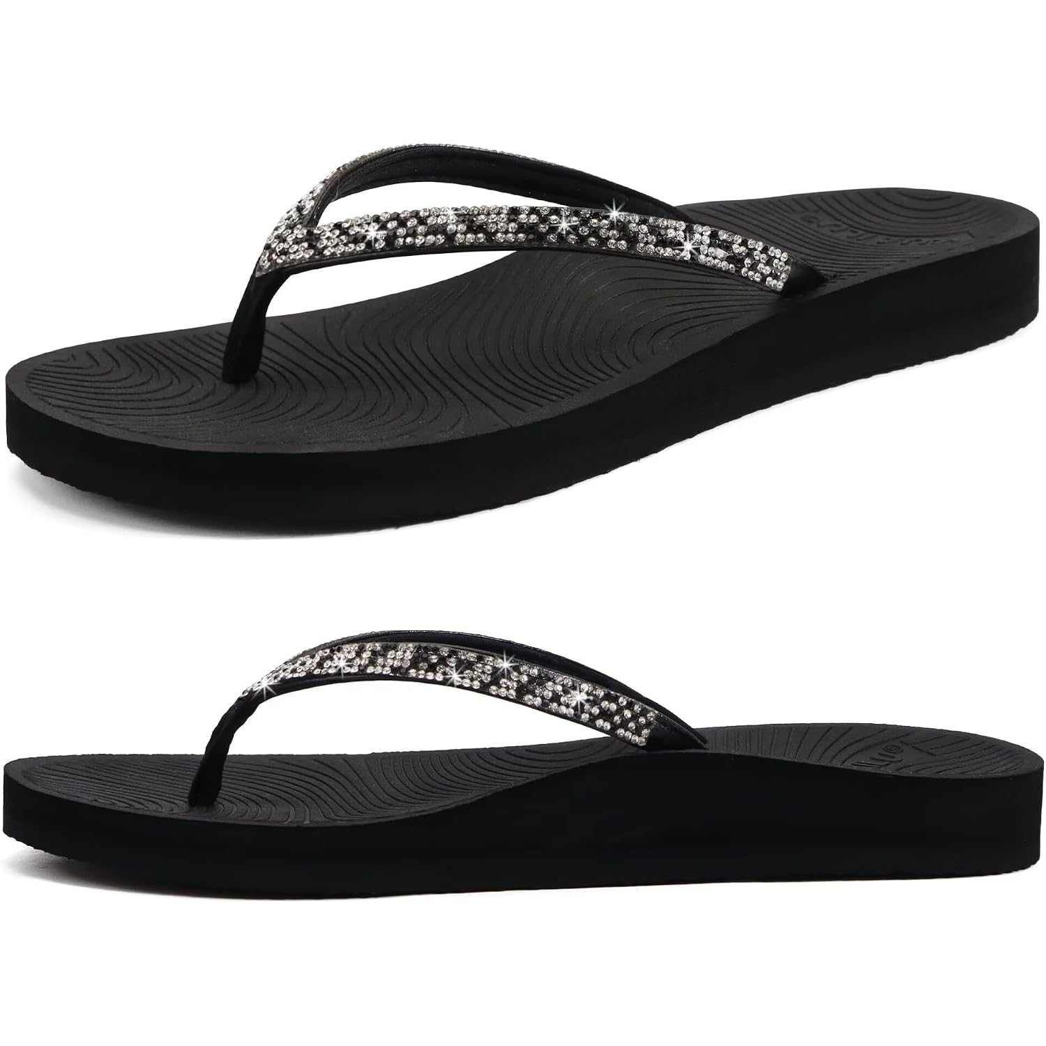 Kuailu Women'S Rhinestone Flip Flops With Comfort Arch Support Yoga Mat Cushion Sandals Fashion Summer Beach Travel Orthotic Walking Thong Sandles Slip On Plantar Fasciitis Indoor Outdoor Shoes