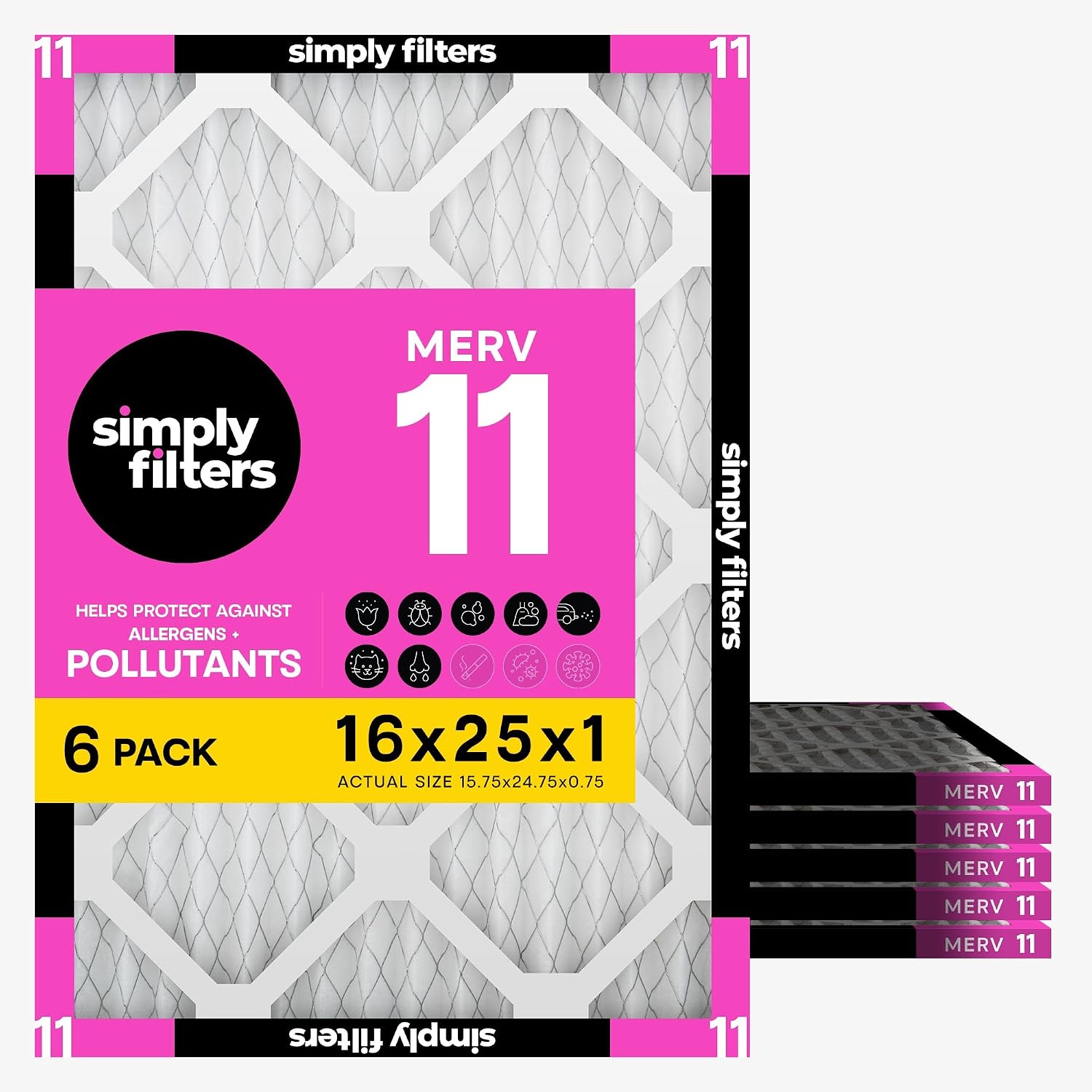 Simply 16X25X1 Air Filter, Merv 11, Mpr 1000, 6 Pack, Furnace Air Filter For Hvac (Actual Size: 15.75"X24.75"X0.75") Dust, Pet, & Allergy Control