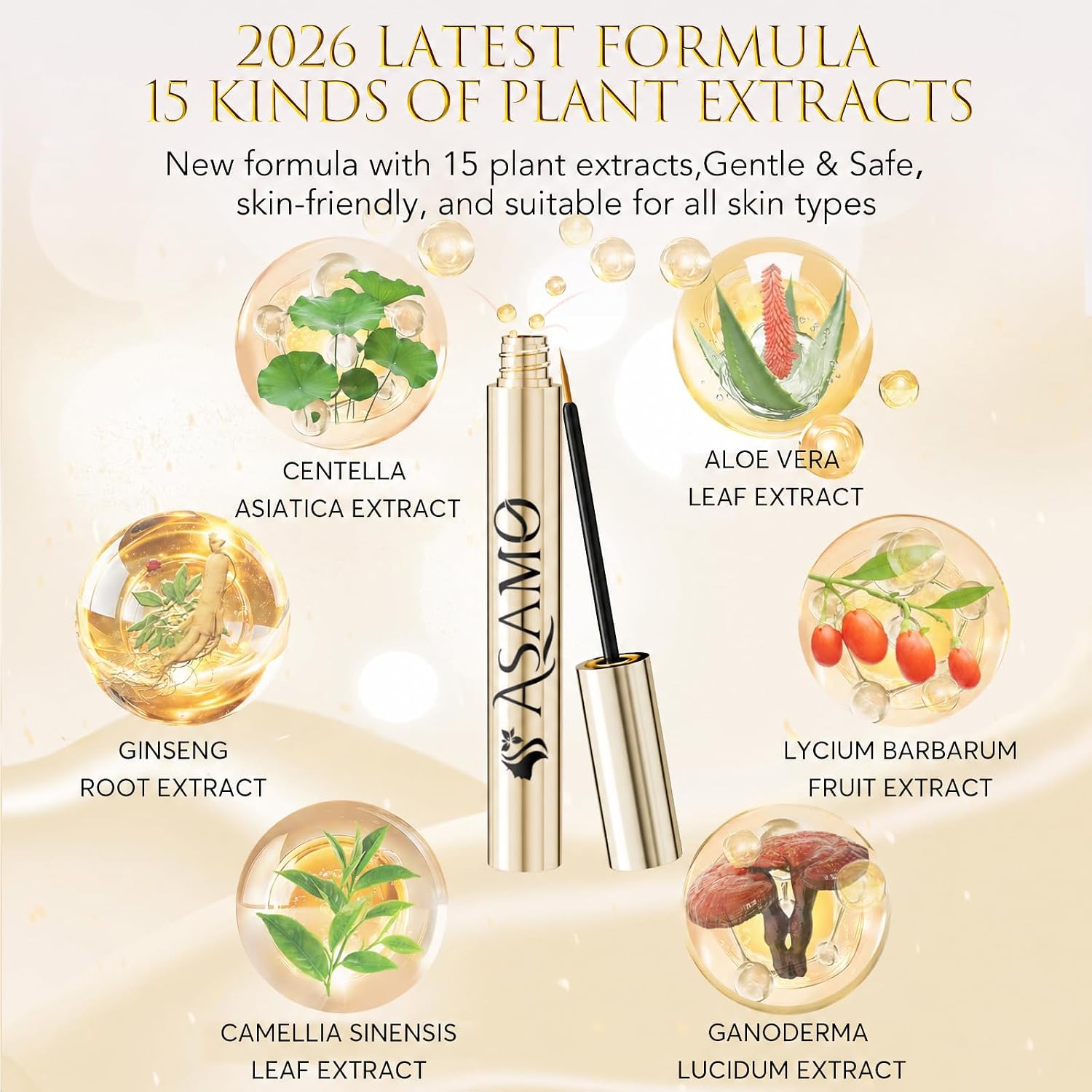 Eyelash Growth Serum – 15 Plant Extracts For Longer, Denser & Robust Lashes,Boosts Natural Lash Development,Eyelash Serum,Enhance Natural Beauty, Hypoallergenic Oil Free,Lash Growth Serum（Pure Gold）