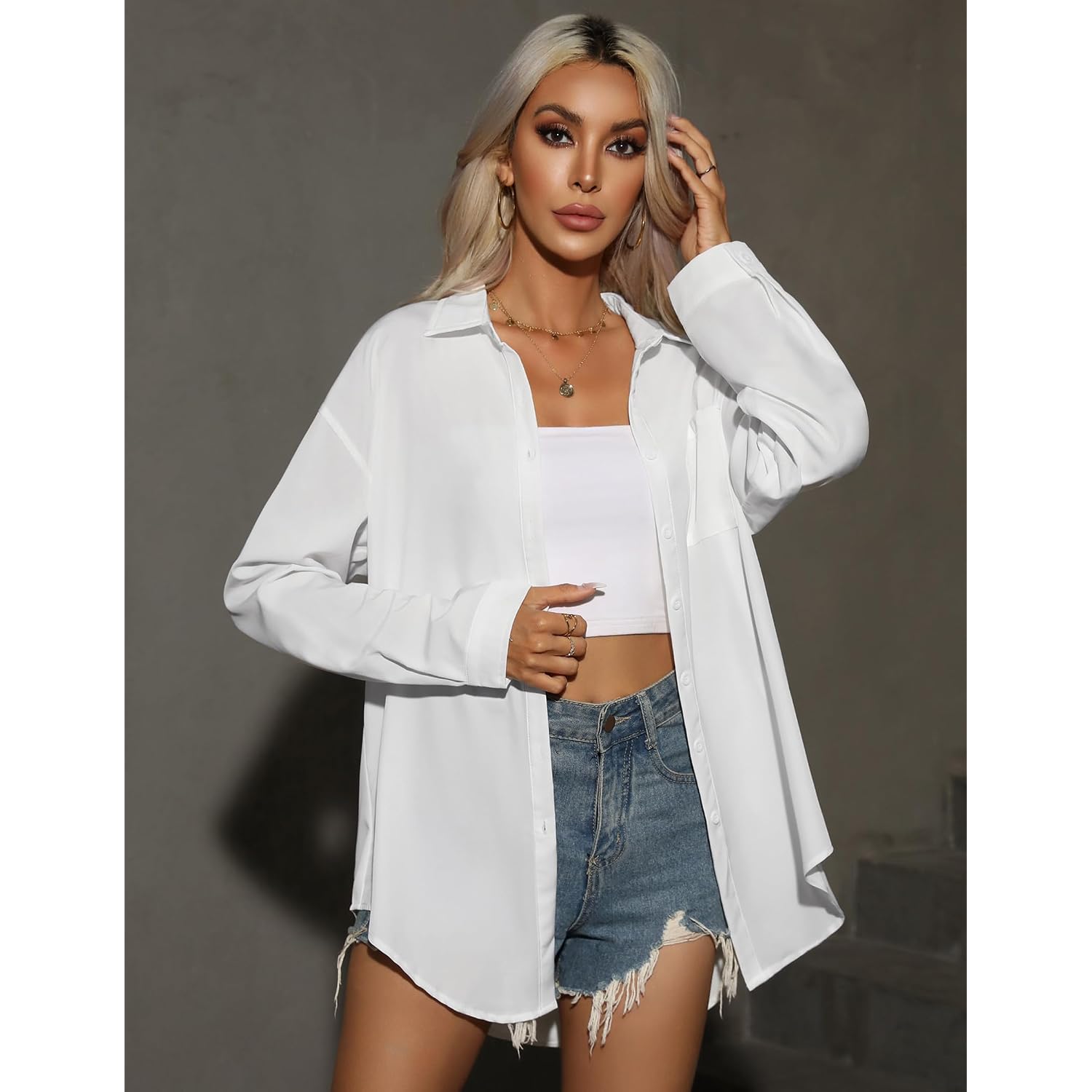 Hotouch Women Oversized Button Down Shirts Office Drop Shoulder Blouse Long Sleeve Boyfriend Dress Shirt With Pockets