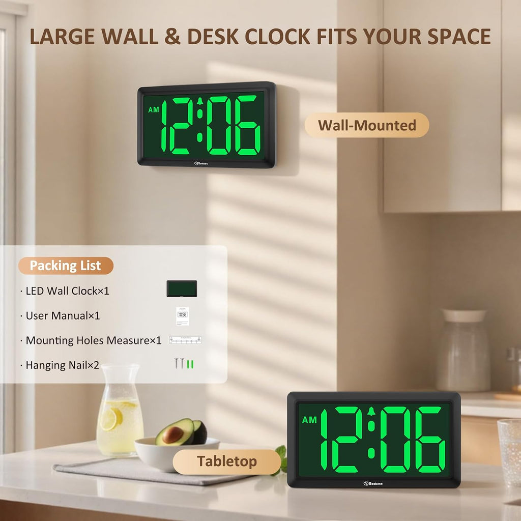 9.5 Inch Large Led Digital Wall Clock Battery Operated, Auto & Manual Dimmer Display, Easy To Read 3.2'' Big Digit With Alarm For Seniors, Modern Decor For Living Room, Bedroom, Office (Green)
