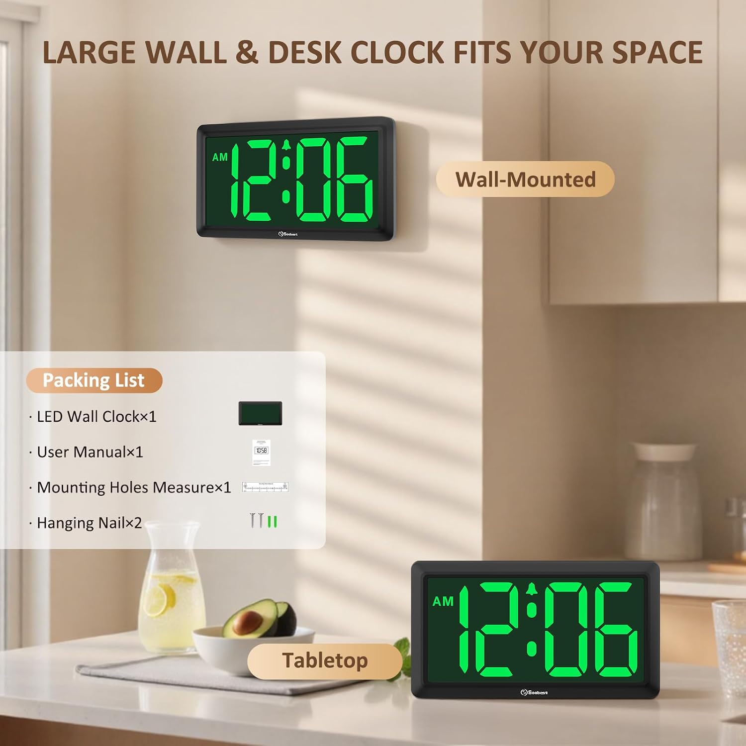 9.5 Inch Large Led Digital Wall Clock Battery Operated, Auto & Manual Dimmer Display, Easy To Read 3.2'' Big Digit With Alarm For Seniors, Modern Decor For Living Room, Bedroom, Office (Green)