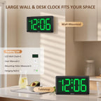 9.5 Inch Large Led Digital Wall Clock Battery Operated, Auto & Manual Dimmer Display, Easy To Read 3.2'' Big Digit With Alarm For Seniors, Modern Decor For Living Room, Bedroom, Office (Green)