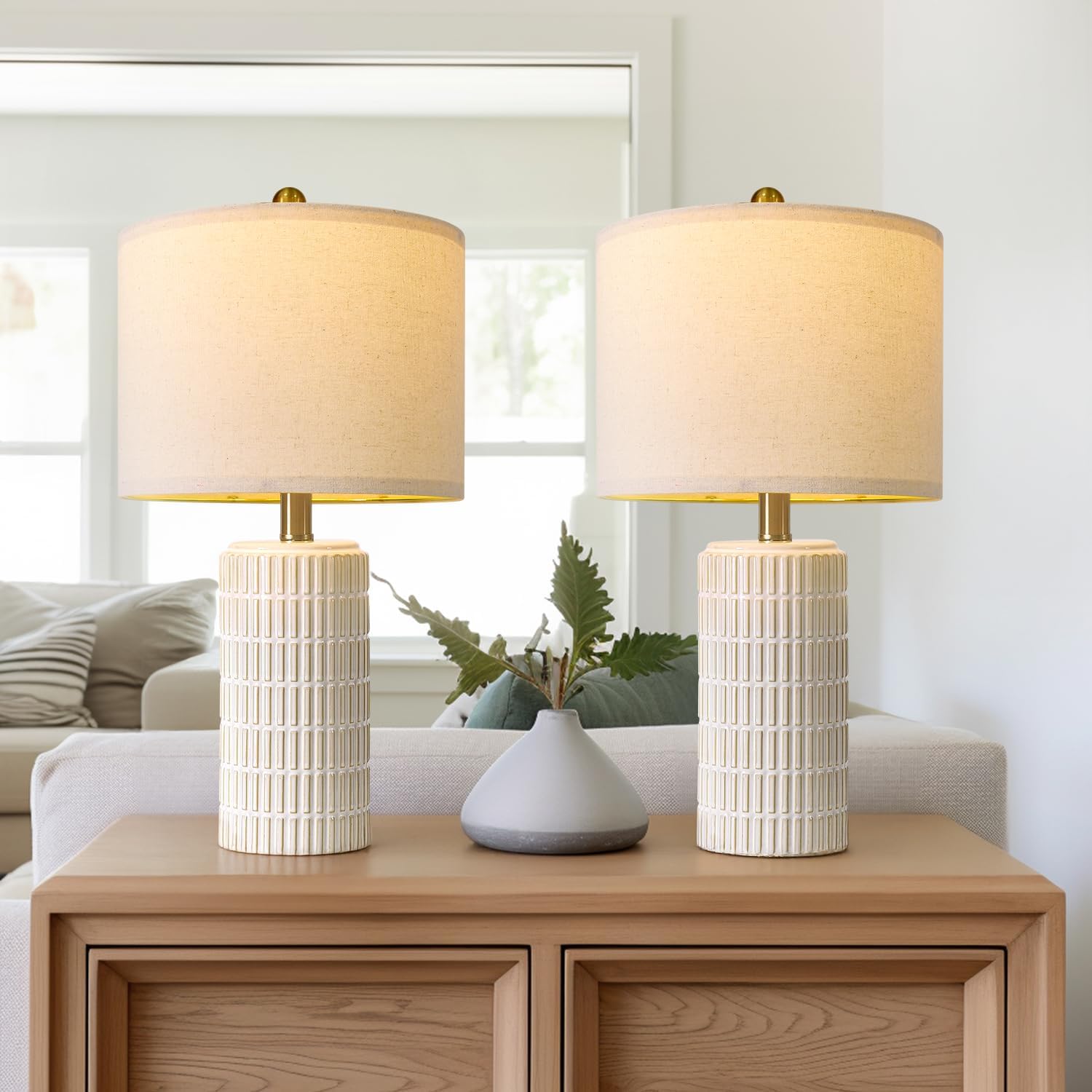 Pokat 20.75" Small Modern Ceramic Table Lamps Set Of 2 For Bedroom, White Bedside Lamps For Night Stands, Farmhouse Desk Home Decor Gift Nightstand Table Lamps For Living Room End Table Beige