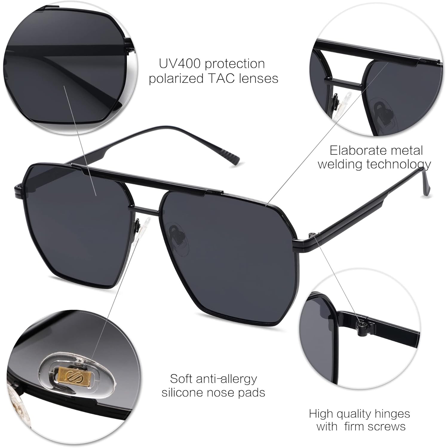 SOJOS Retro Oversized Square Polarized Sunglasses for Women Men Vintage Shades Classic Large Metal Sun Glasses