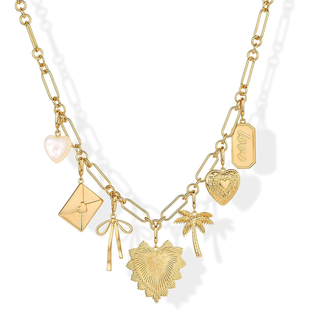 PAVOI 14K Gold Plated Chunky Charm Necklace Pack for Women | Statement Paperclip Chain Necklaces with Removable Charms | Heart Palm Tree Bow Pearl Love Friendship Necklace - Valentines Day Trendy Jewelry
