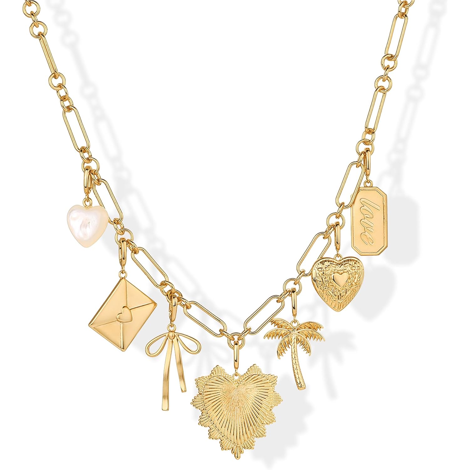 PAVOI 14K Gold Plated Chunky Charm Necklace Pack for Women | Statement Paperclip Chain Necklaces with Removable Charms | Heart Palm Tree Bow Pearl Love Friendship Necklace - Valentines Day Trendy Jewelry