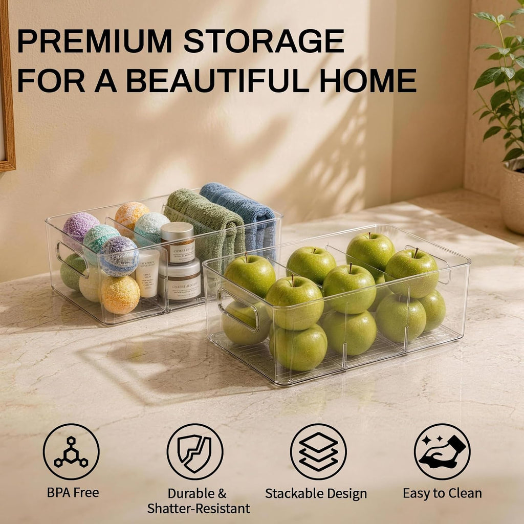 6 Pack Pantry Organizers And Storage,Clear Plastic Containers With 2 Dividers For Kitchen,Fridge Organization And Storage,Acrylic Bins For Pounches,Spice Packet,Snack Organzier