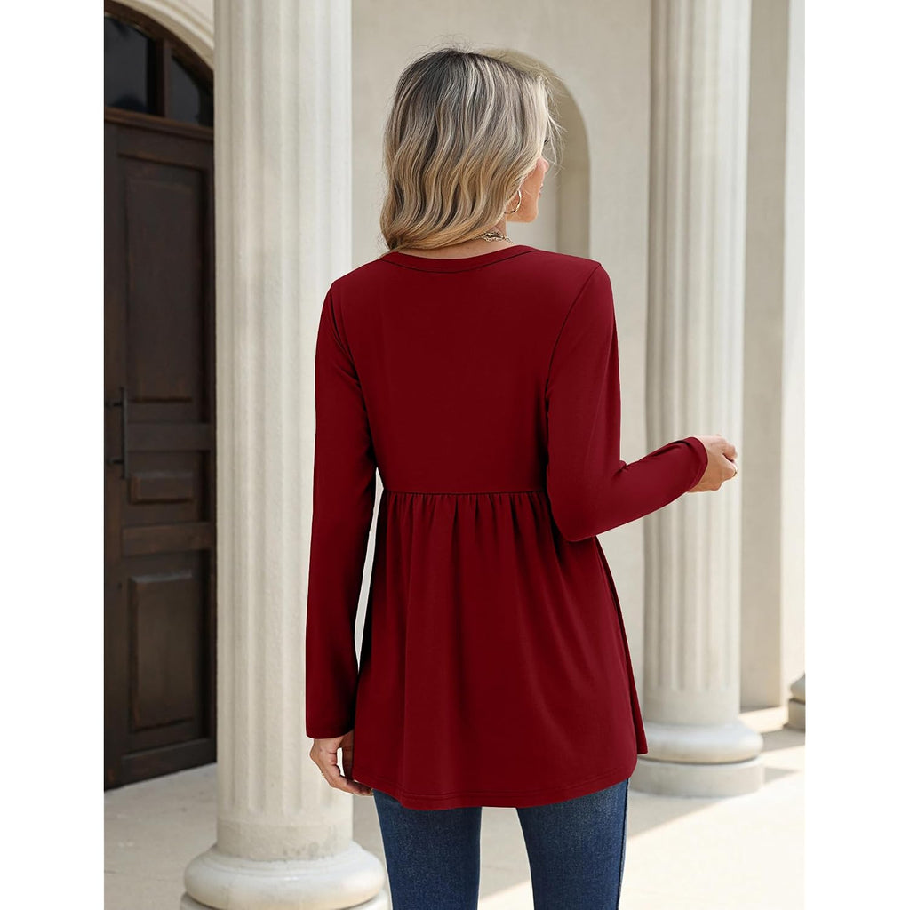 Zeagoo Women Blouses Long Sleeve Shirts Boho Henley V Neck Tops Business Casual Loose Pleated Fashion Clothing