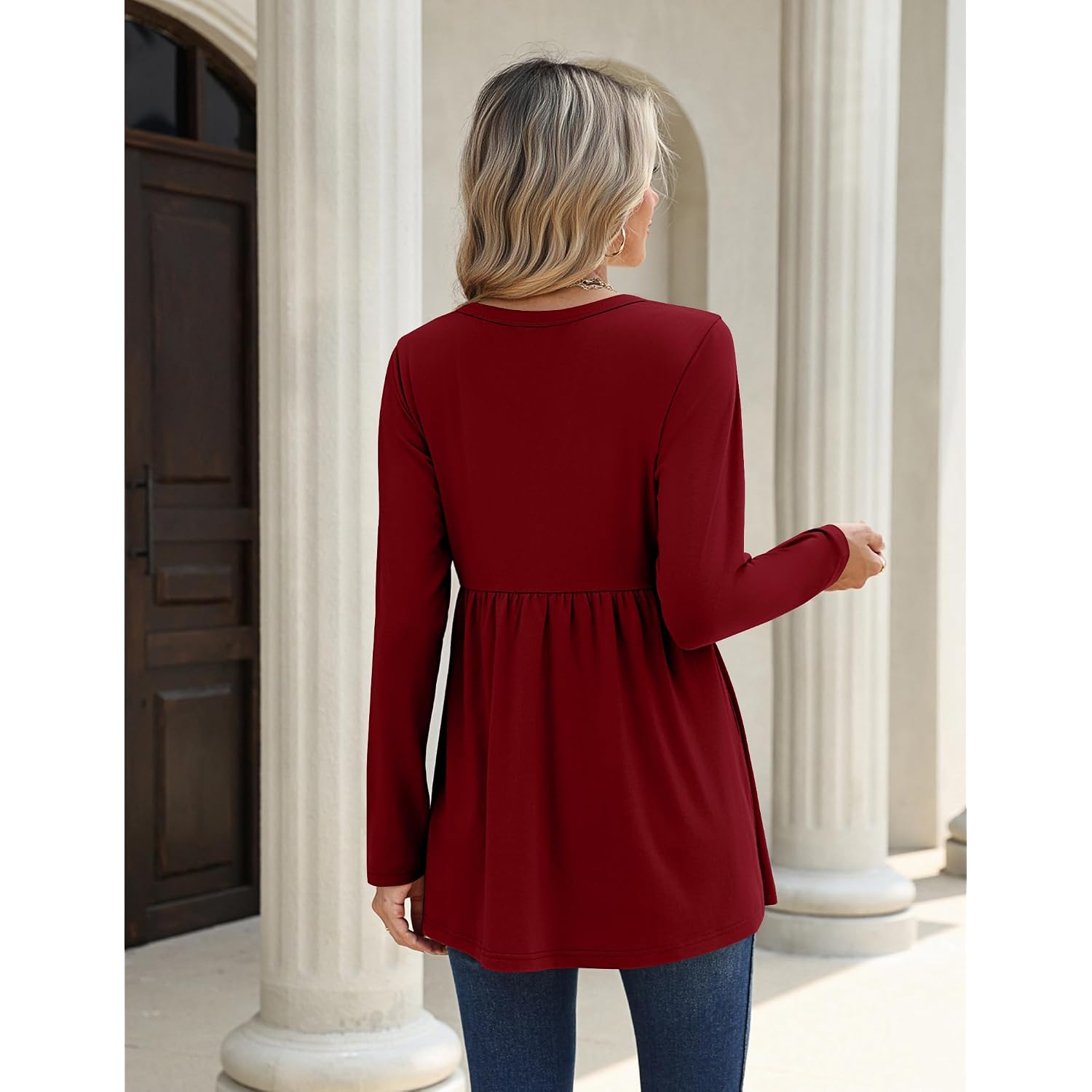 Zeagoo Women Blouses Long Sleeve Shirts Boho Henley V Neck Tops Business Casual Loose Pleated Fashion Clothing