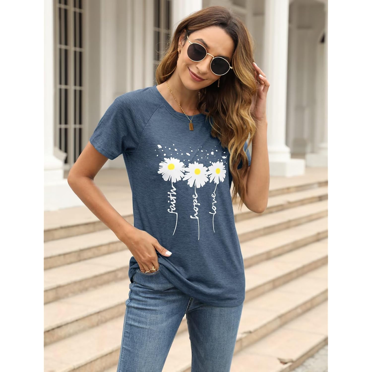 EADINVE Women Crewneck Daisy Print Short Sleeve T-Shirts Summer Faith-Hope-Love Tees Loose Fit Graphic Tops 2026 Navy