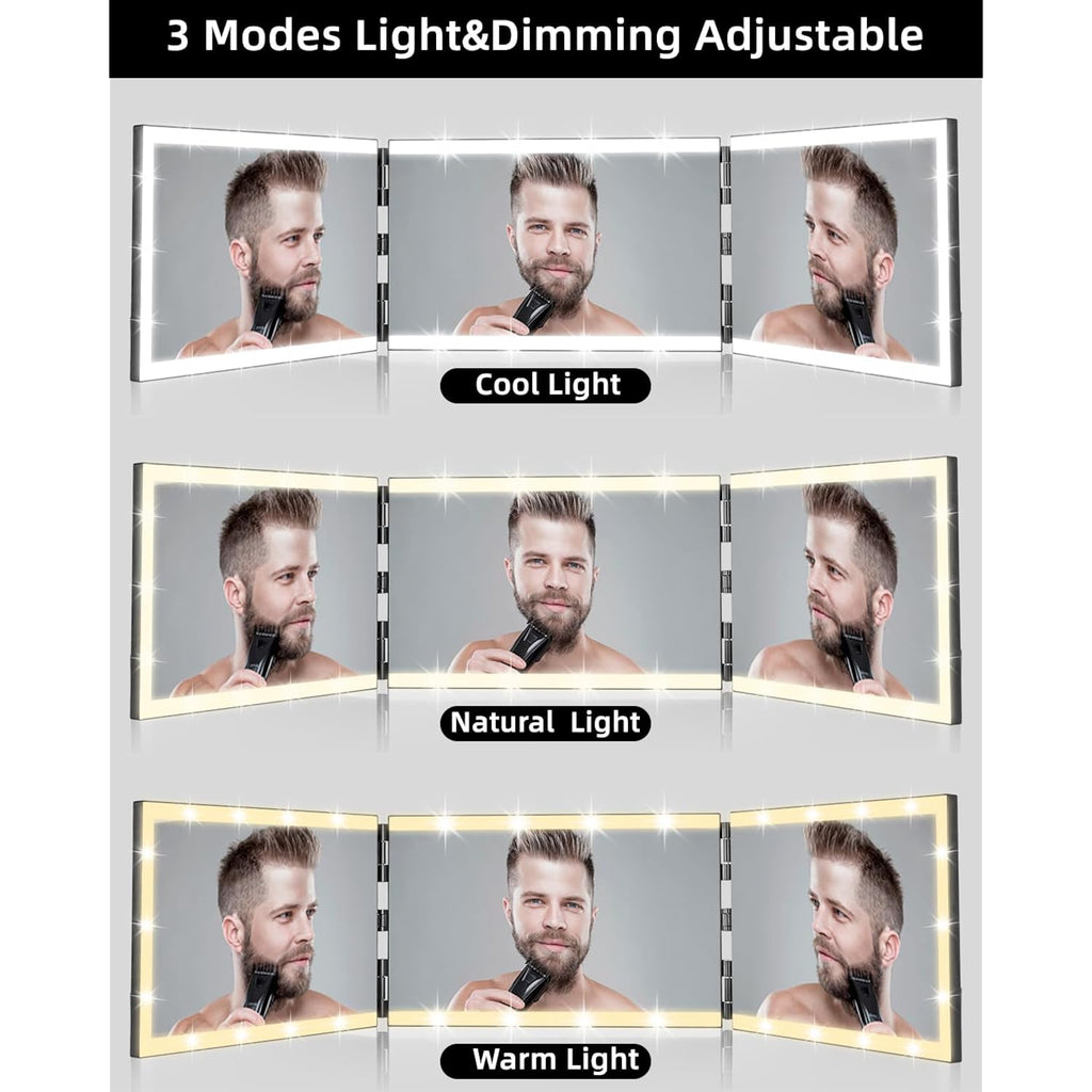 Vanexiss Rechargeable 3 Way Mirror For Self Hair Cutting-To See Back Of Head, Trifold Mirror With 8 Light Strips & Telescoping Hooks For Makeup, Shaving & Styling