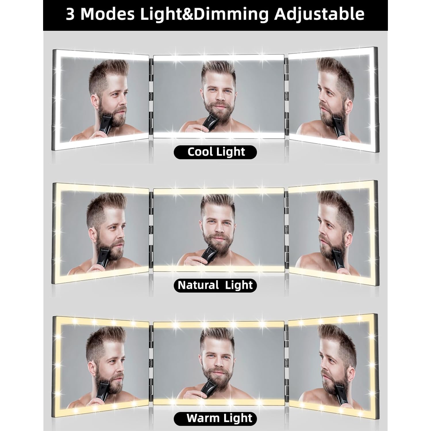 Vanexiss Rechargeable 3 Way Mirror For Self Hair Cutting-To See Back Of Head, Trifold Mirror With 8 Light Strips & Telescoping Hooks For Makeup, Shaving & Styling