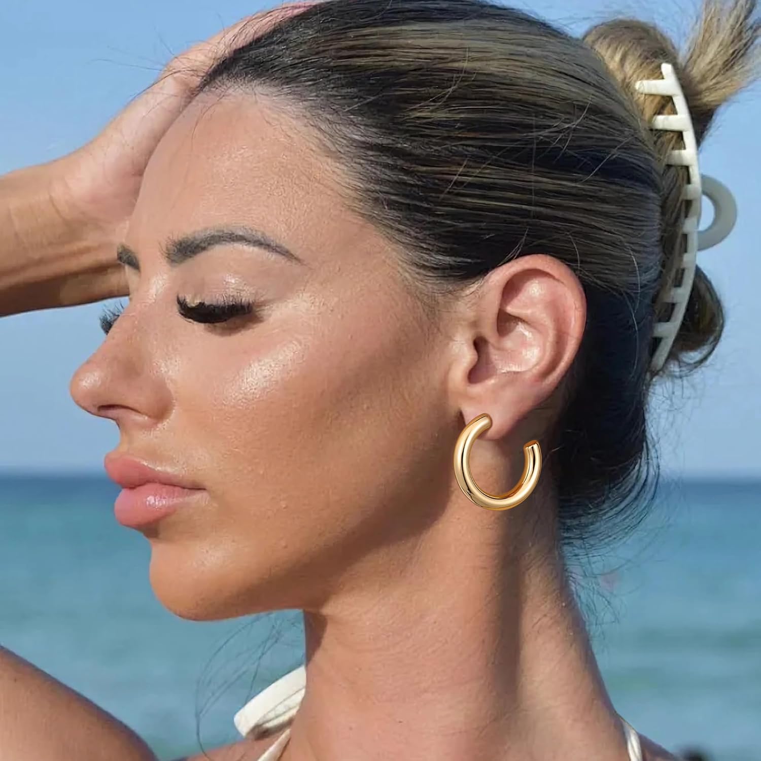 Gacimy Chunky Hoop Earrings for Women 14K Gold Plated, 925 Sterling Silver Post Hoops for Women