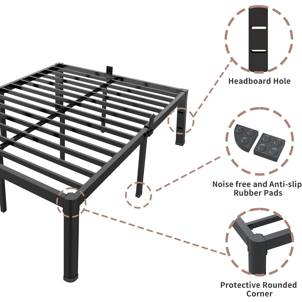 14 Inch Metal Queen Bed Frame With Rounded Corner And Headboard Hole Mattress Retainers 3500Lbs Heavy Duty Steel Slats No Box Spring Needed Platform Noise-Free Easy Assembly