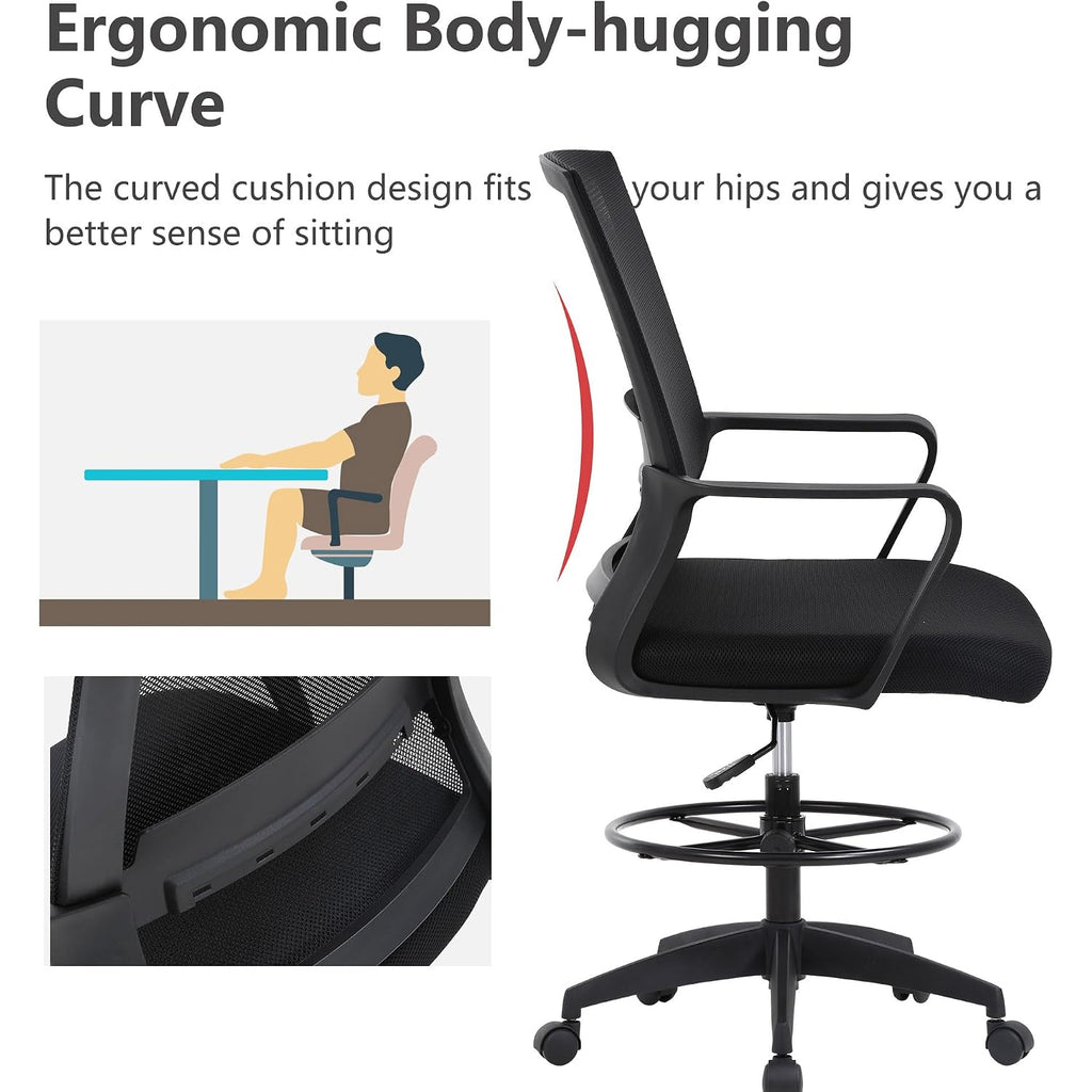 Bestoffice Drafting Chair Tall Office Chair Adjustable Swivel Rolling Mesh Height With Lumbar Support Arms Footrest Mid Back For Adults Standing Desk Drafting Stool(Black)