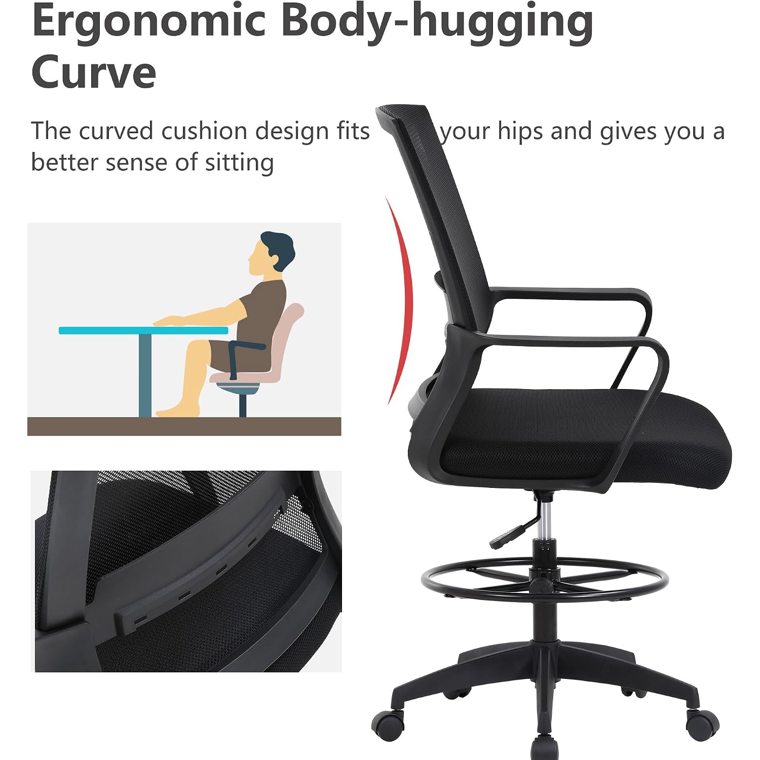 Bestoffice Drafting Chair Tall Office Chair Adjustable Swivel Rolling Mesh Height With Lumbar Support Arms Footrest Mid Back For Adults Standing Desk Drafting Stool(Black)