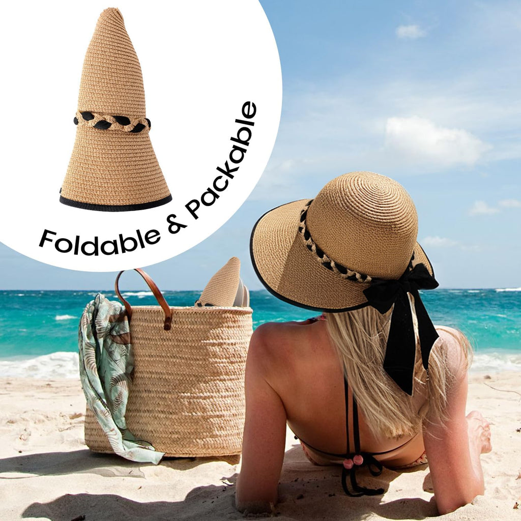 Beach Sun Straw Hats for Women, UPF 50+ UV Sun Protection Wide Brim Summer Straw Hat Foldable Packable Roll up Cap