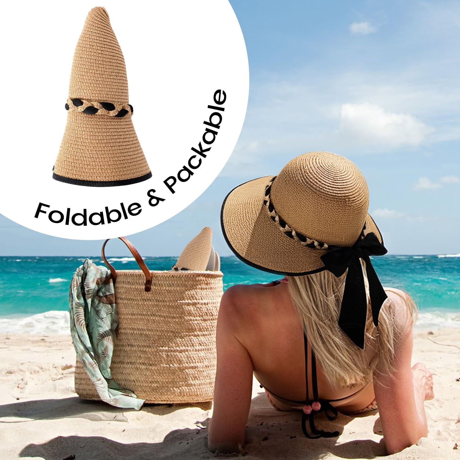 Beach Sun Straw Hats for Women, UPF 50+ UV Sun Protection Wide Brim Summer Straw Hat Foldable Packable Roll up Cap
