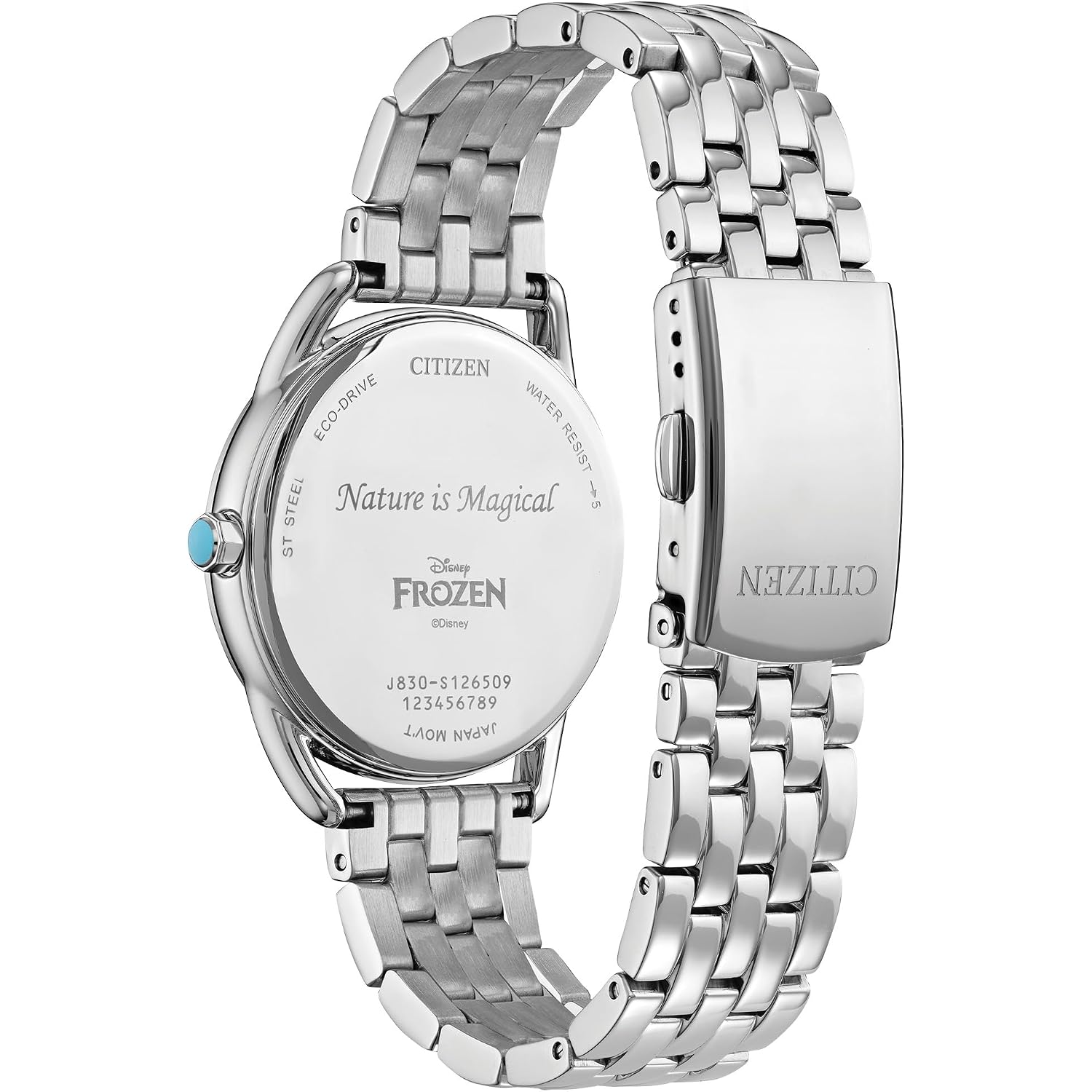 Citizen Women'S Eco-Drive Disney Princess Frozen Crystal Watch And Pin Gift Set In Silver Stainless Steel Watch, Blue Dial (Model: Fe7091-61W)