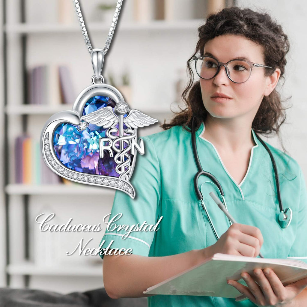 TOUPOP Gifts for Nurse 925 Sterling Silver Nurse Necklace Doctor Nursing Themed Pendant with Crystal RN Medical Caduceus Jewelry Nurse Gifts for Women Student Mom Birthday Graduation