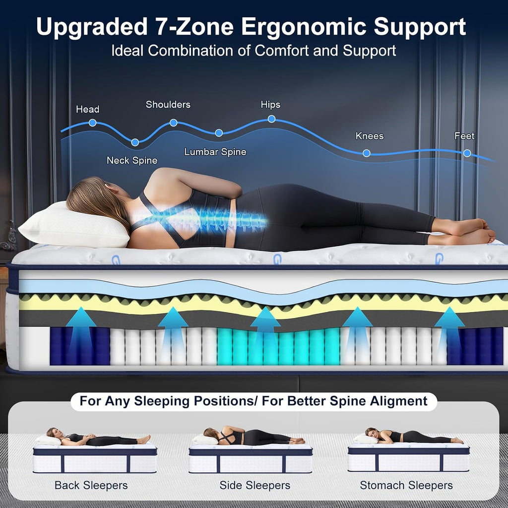 14 Inch Queen Mattress, Upgraded 7-Zoned Support Hybrid Queen Size Mattress In A Box With Cooling Gel Memory Foam & Pocket Coils For Back Pain Relief, Assembled In Usa, Motion Isolation, Medium Firm