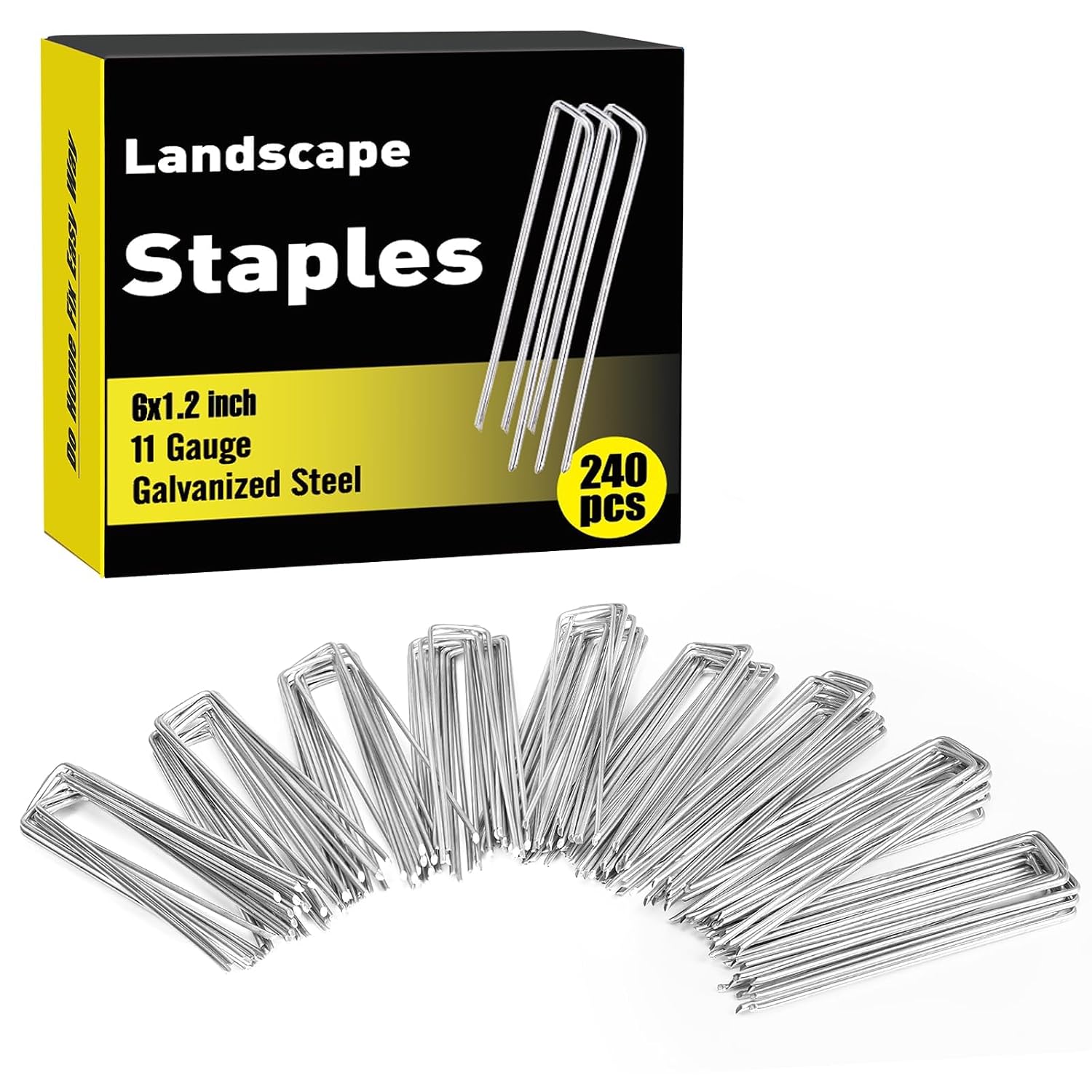 Hongway 240 Pack 6 Inch Landscape Staples, Garden Stakes Galvanized Tent Stakes Heavy Duty 11 Gauge Sod Landscaping Fabric Pins Yard Ground Lawn Staples For Plant Cover, Turf, Fence, Grass Decoration