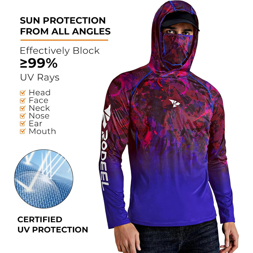 Rodeel Upf 50+ Men’S Long Sleeve Performance Fishing Hiking Shirt With Mask Uv Neck Gaiter Hoodie