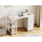 Odk 40 Inch Small White Computer Desk With 4 Fabric Drawers, Modern Office Desk For Home Office Gaming With Storage Shelves Study, White