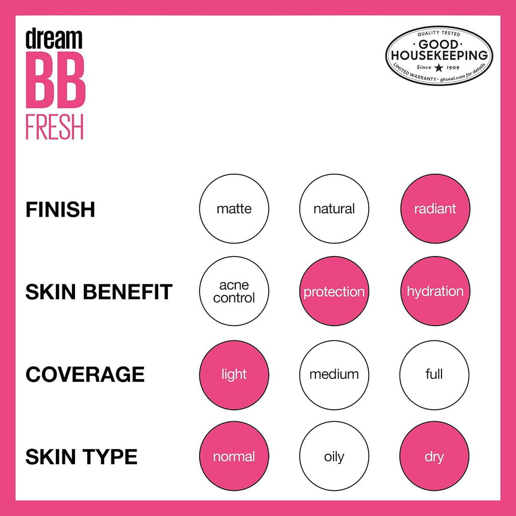 Maybelline Dream Fresh Skin Hydrating Bb Cream, 8-In-1 Skin Perfecting Beauty Balm With Broad Spectrum Spf 30, Sheer Tint Coverage, Oil-Free, Light/Medium, 1 Fl Oz