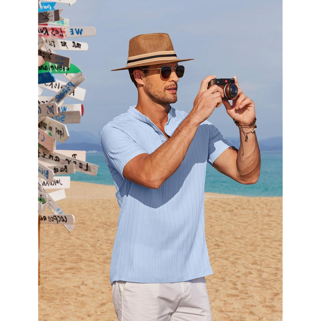 Coofandy Men Casual Henley Tee Shirt Short Sleeve Band Collar Summer Beach Textured T-Shirt