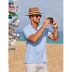 Coofandy Men Casual Henley Tee Shirt Short Sleeve Band Collar Summer Beach Textured T-Shirt