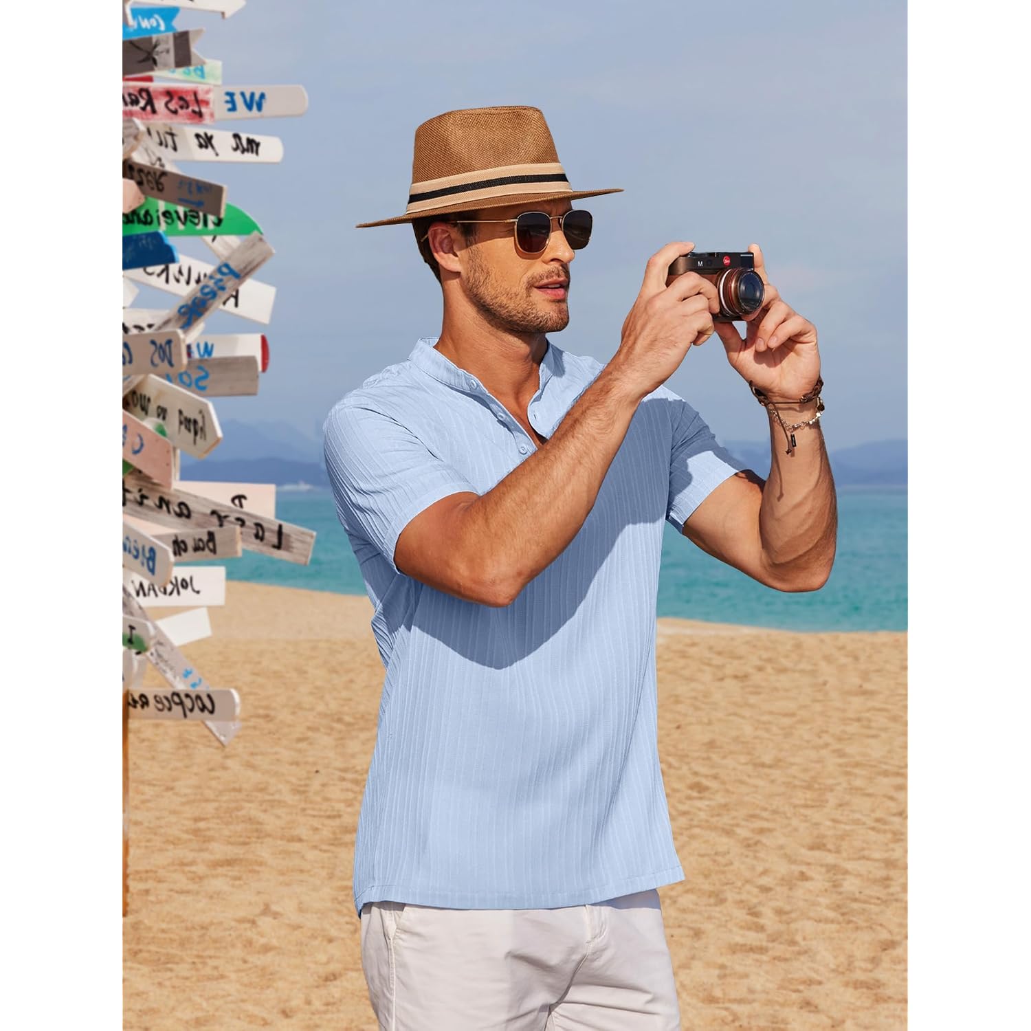 Coofandy Men Casual Henley Tee Shirt Short Sleeve Band Collar Summer Beach Textured T-Shirt