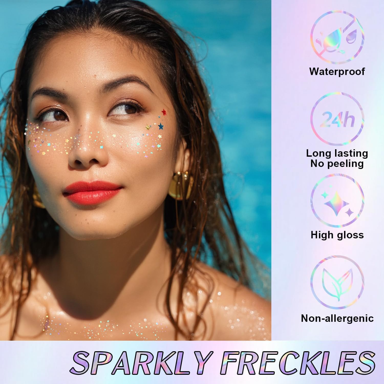 Glitter Freckles, Holographic Face And Body Glitter Tattoo Sparkle For Women Gold Glow Cosmetic Star Makeup Accessories For Festival Rave (Holographic)