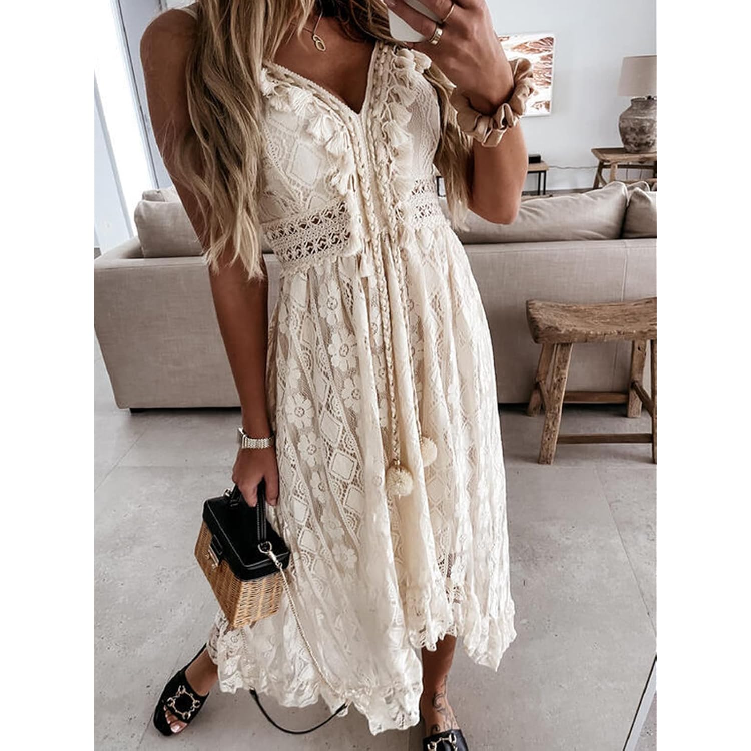 Cupshe Maxi Summer Dress For Women Lace V Neck Sleeveless Sundress Boho Crochet Tassel Flowy Beach Vacation Graduation Dress
