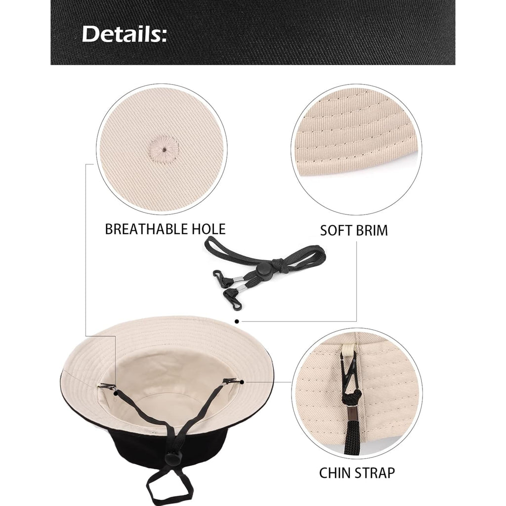 XXL Oversize Bucket Hat Reversible, XL L M S Fisherman Sun Cap With Chin Strap, Travel Beach Outdoor Hat For Men Women Black-beige