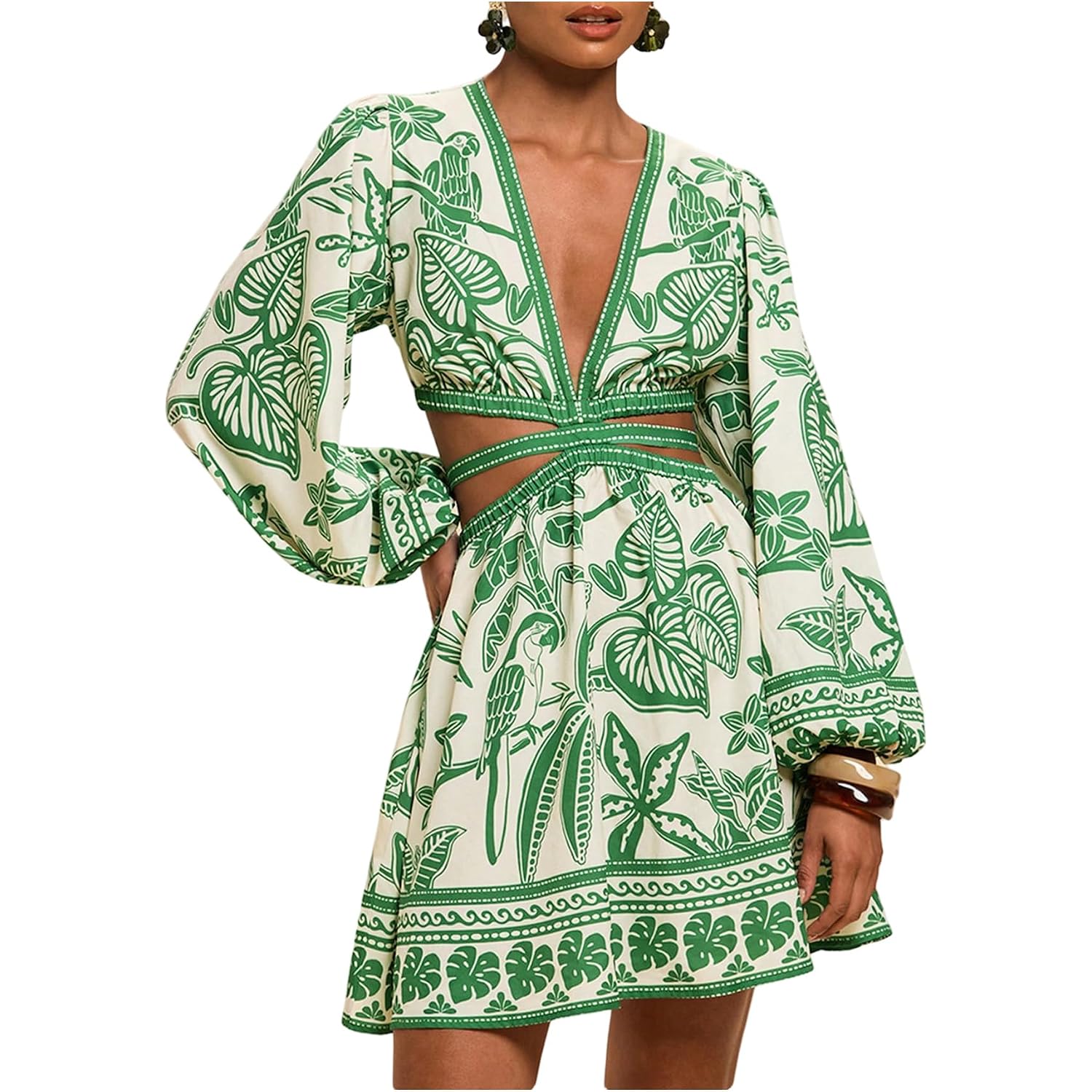 Floerns Women'S Tropical Bishop Sleeve Mini Dress Cut Out Tie Back V Neck Beach A Line Dresses