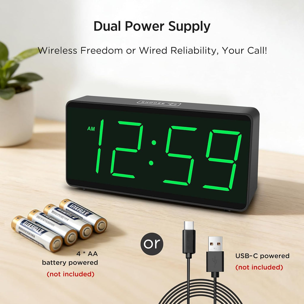 Peakeep Battery Operated Digital Alarm Clock For Bedrooms Big Numbers | Cordless Large Display Auto Dimming For Seniors, Adjustable Volume Loud Alarm Clock For Heavy Sleepers Adults (Green Digits)