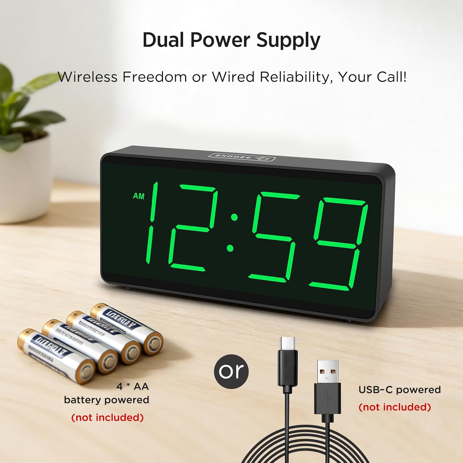 Peakeep Battery Operated Digital Alarm Clock For Bedrooms Big Numbers | Cordless Large Display Auto Dimming For Seniors, Adjustable Volume Loud Alarm Clock For Heavy Sleepers Adults (Green Digits)