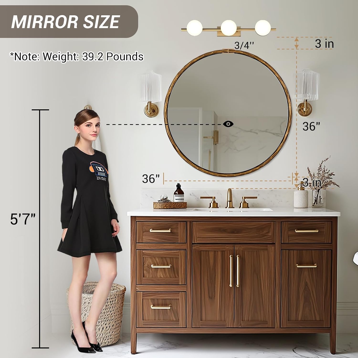 36 Inch Hand-Forged Round Gold Mirrors, Hammered Bathroom Round Wall Mirror For Over Sink, Solid Steel Metal Frame Vanity Circle Mirror For Antique, Vintage, Farmhouse, Rustic