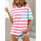 Womens Oversized Color Block Striped Tshirts Summer Casual Short Sleeve Tops Loose Fit Crew Neck Shirts