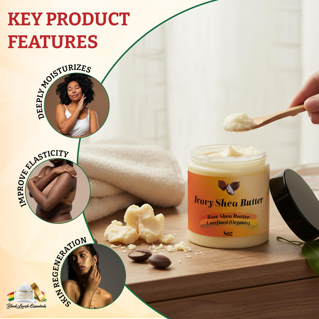 Organic West-African Ivory Shea Butter, Raw & Unrefined Grade A Shea Butter, Diy Ingredient, Moisture-Rich Skin & Hair Butter, Fast Absorbing, 8 Oz Jar