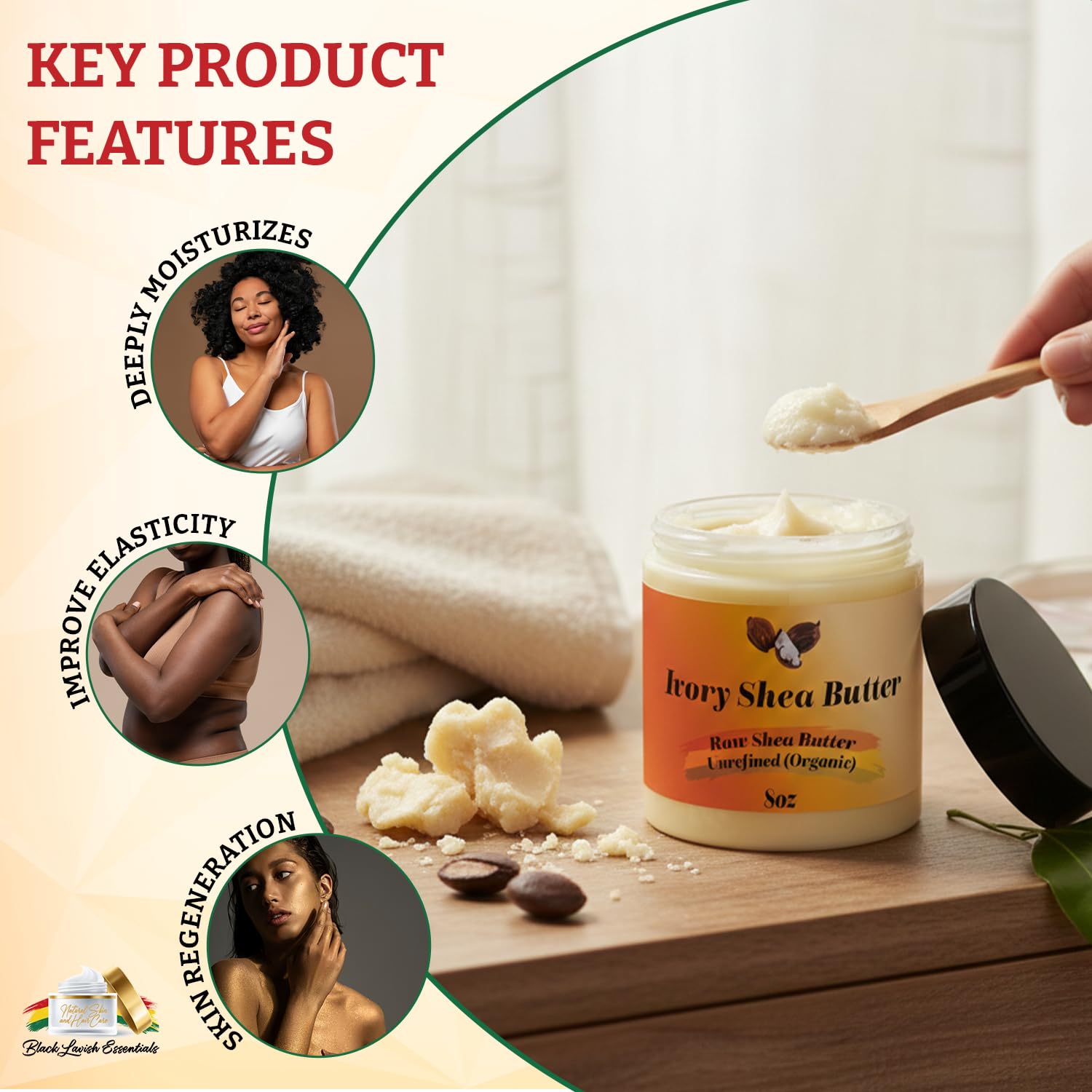 Organic West-African Ivory Shea Butter, Raw & Unrefined Grade A Shea Butter, Diy Ingredient, Moisture-Rich Skin & Hair Butter, Fast Absorbing, 8 Oz Jar