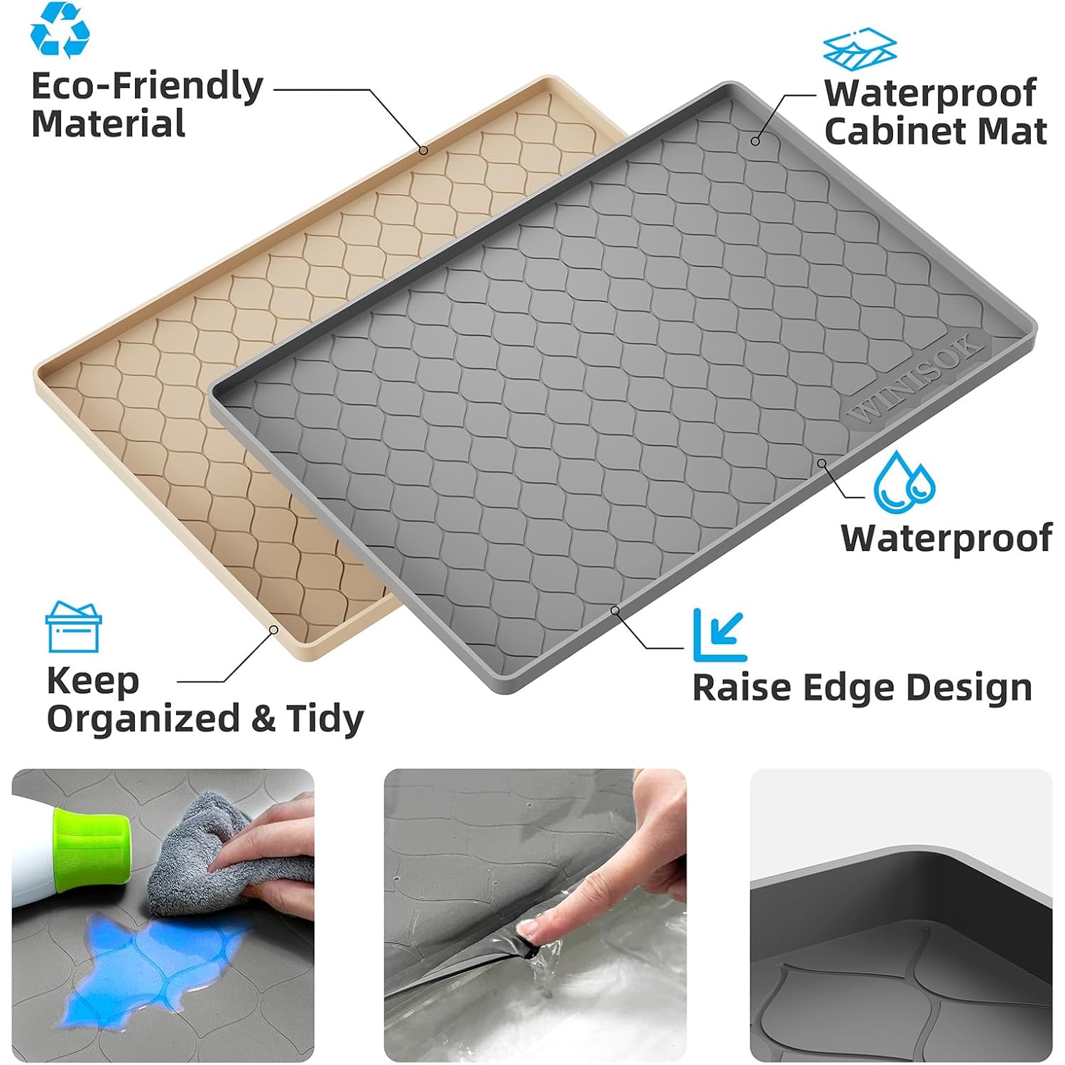 Winisok Silicone Under Sink Mat 34" x 22", Kitchen Essentials and Gadgets, Shelf Liner and Cabinet Protector, Home Organizers and Storage, Waterproof Bathroom Tray