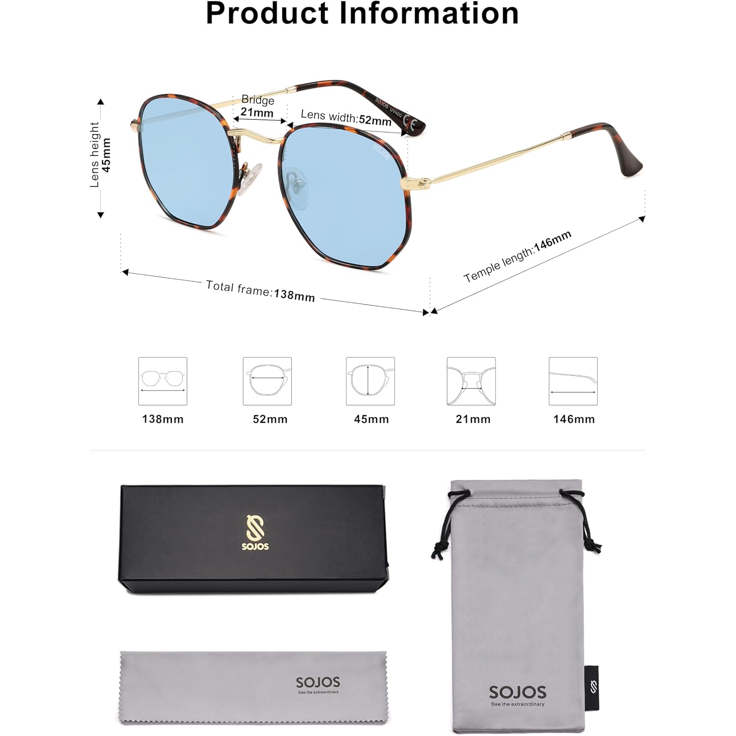 SOJOS Square Polarized Sunglasses for Women Men Small Hexagonal Polygon Shades SJ1072 Light Blue