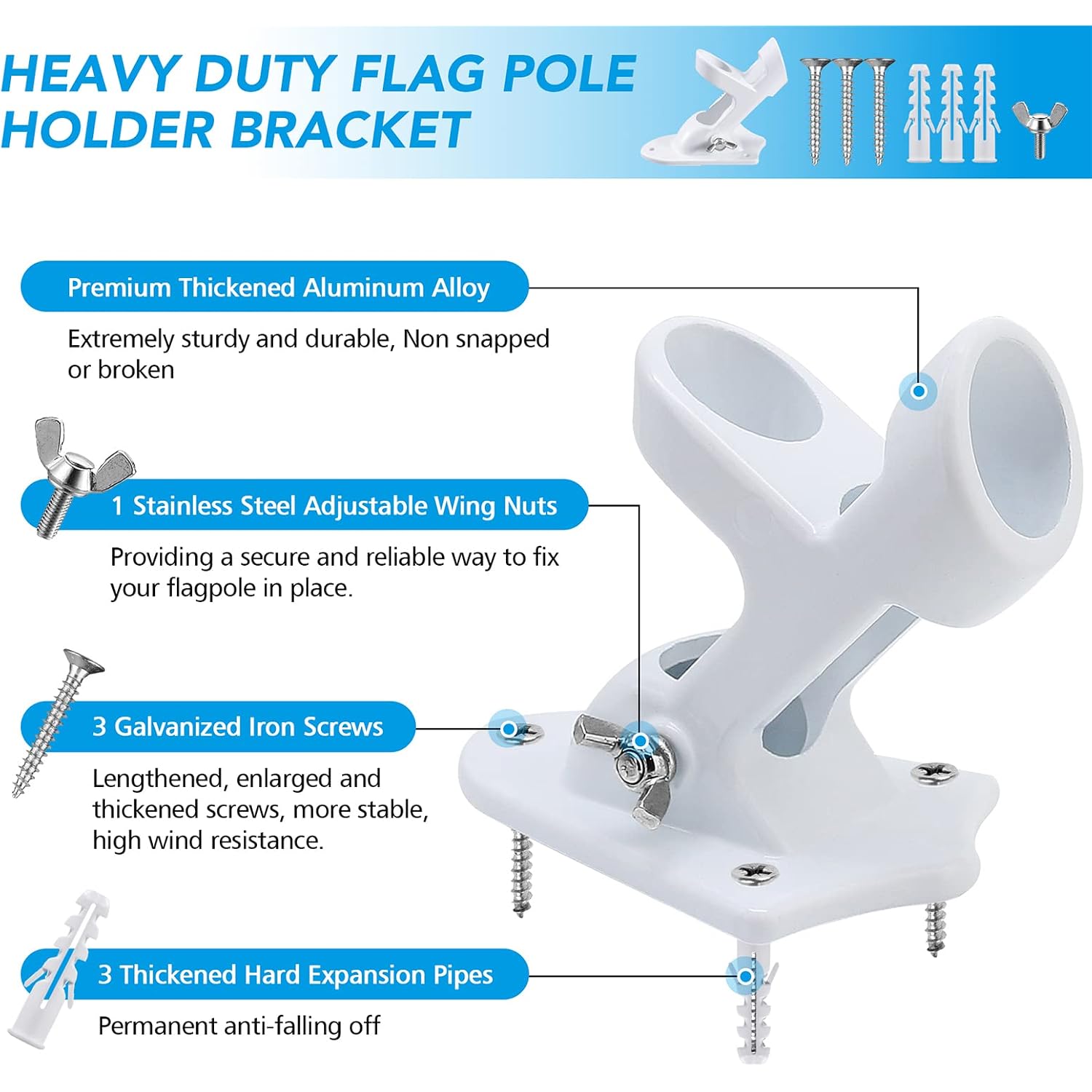 Hoople Flag Pole Holder For Outside House, Heavy Duty Aluminum Flag Holder & Flag Pole Mounting Bracket, Rust Free Wall Mount Flag Bracket With Stainless Hardware, Fits 1” Flag Pole (White-1Pack)